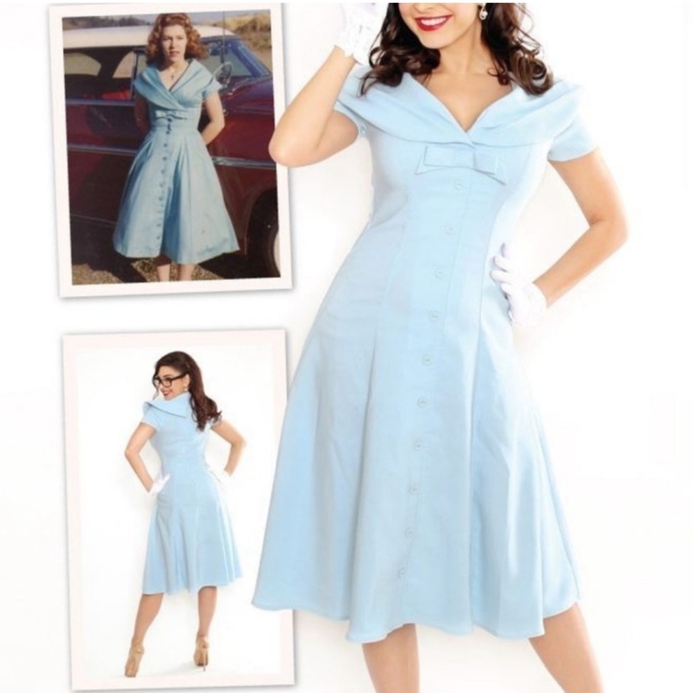 Tatyana Mod First Lady 60s Retro Pinup Girl Light Blue Midi Dress Bow 2X